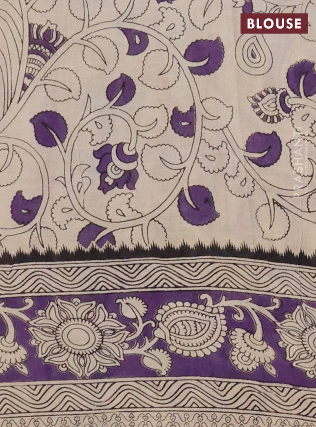 Kalamkari cotton saree beige and violet with allover prints and printed border
