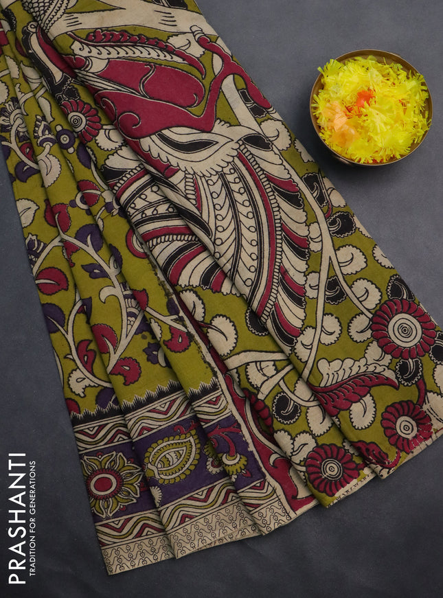 Kalamkari cotton saree lime green and violet with allover prints and printed border