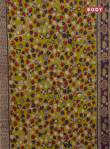 Kalamkari cotton saree lime green and violet with allover prints and printed border