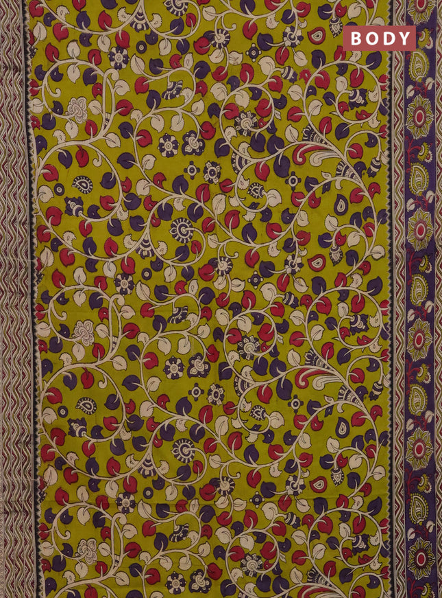 Kalamkari cotton saree lime green and violet with allover prints and printed border