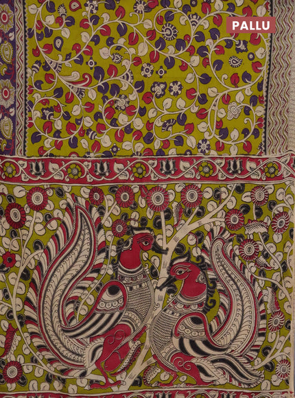 Kalamkari cotton saree lime green and violet with allover prints and printed border