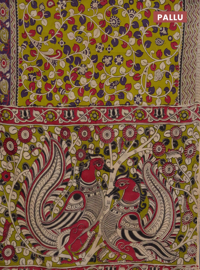 Kalamkari cotton saree lime green and violet with allover prints and printed border