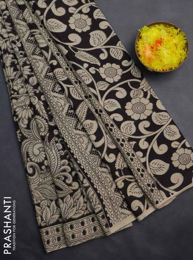 Kalamkari cotton saree black and beige with allover prints and printed border