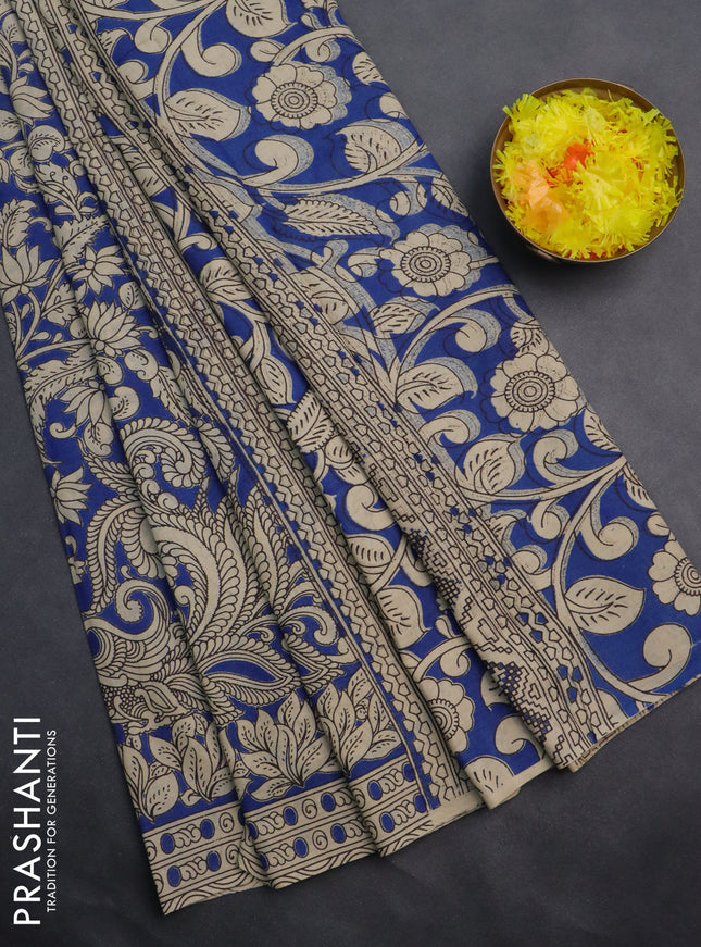 Kalamkari cotton saree blue and beige with allover prints and printed border