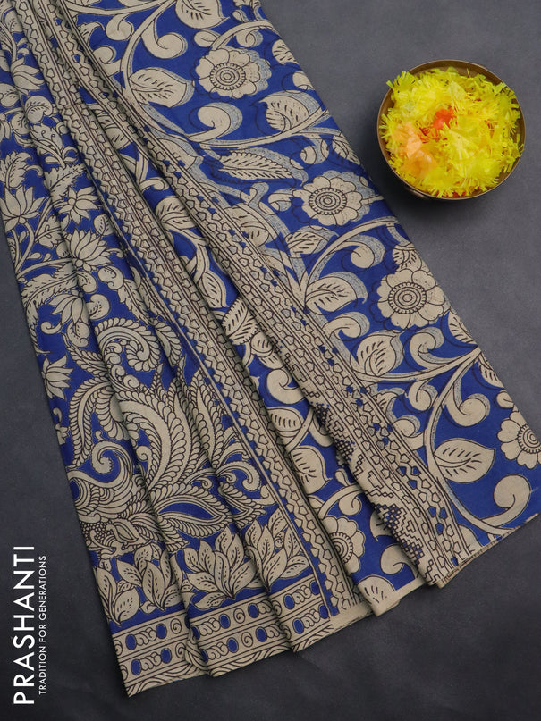 Kalamkari cotton saree blue and beige with allover prints and printed border