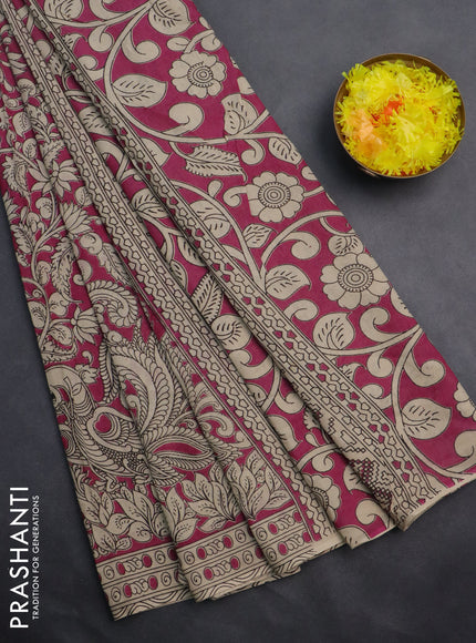 Kalamkari cotton saree magenta pink and beige with allover prints and printed border