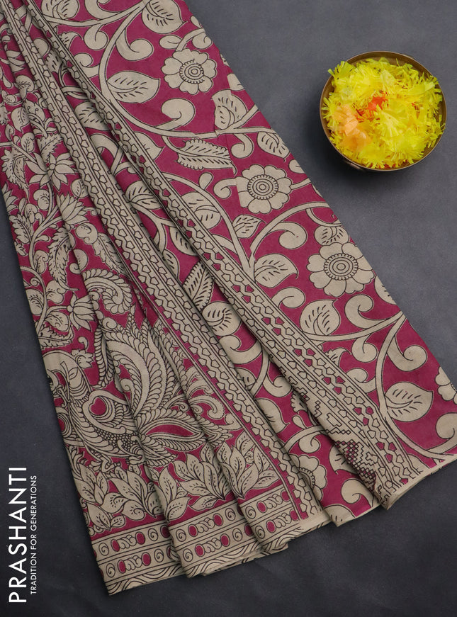 Kalamkari cotton saree magenta pink and beige with allover prints and printed border