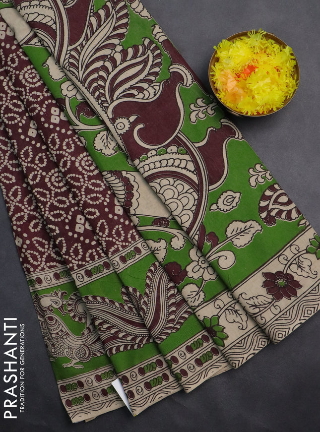 Kalamkari cotton saree deep maroon and green with allover bandhini prints and printed border