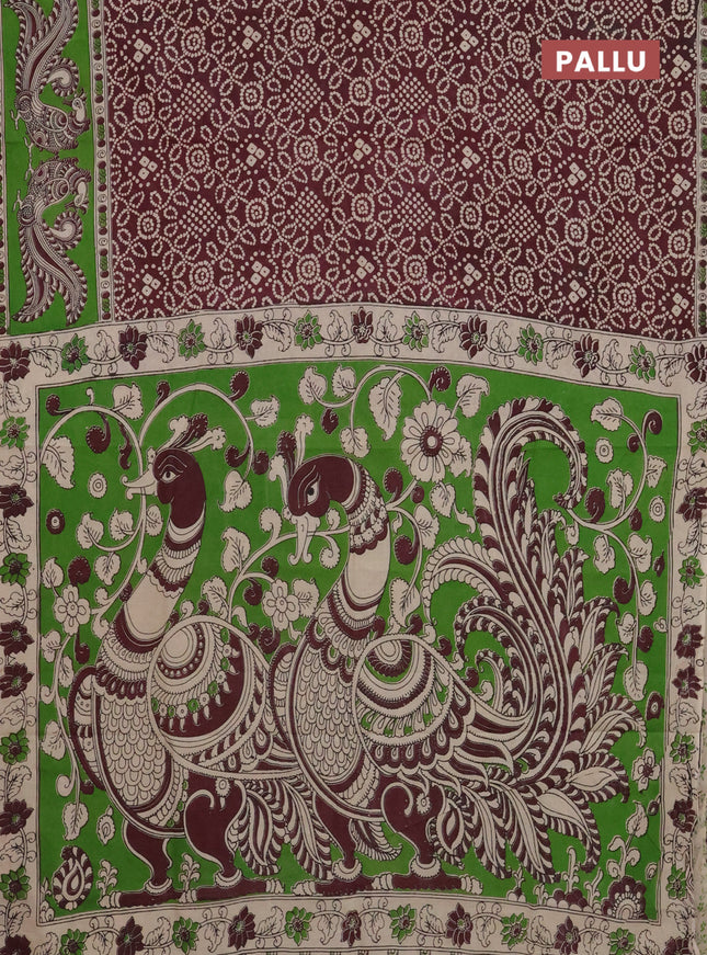 Kalamkari cotton saree deep maroon and green with allover bandhini prints and printed border