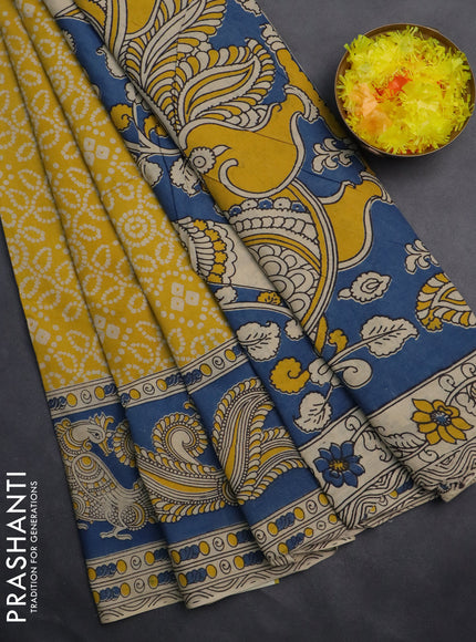 Kalamkari cotton saree yellow and blue with allover bandhini prints and printed border