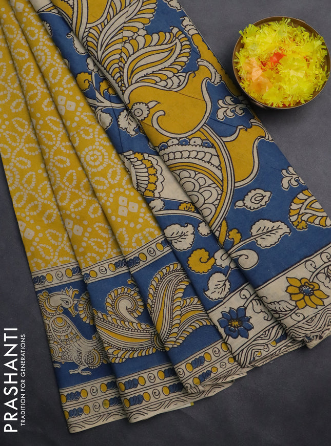 Kalamkari cotton saree yellow and blue with allover bandhini prints and printed border