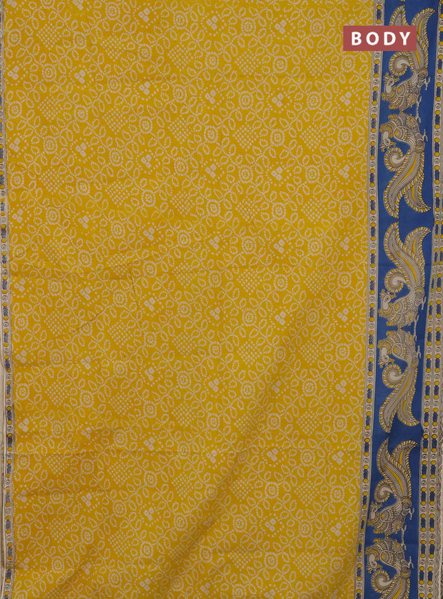 Kalamkari cotton saree yellow and blue with allover bandhini prints and printed border