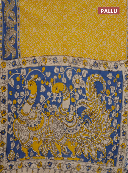 Kalamkari cotton saree yellow and blue with allover bandhini prints and printed border