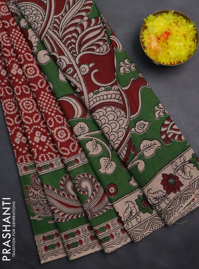 Kalamkari cotton saree maroon and green with allover bandhini prints and printed border