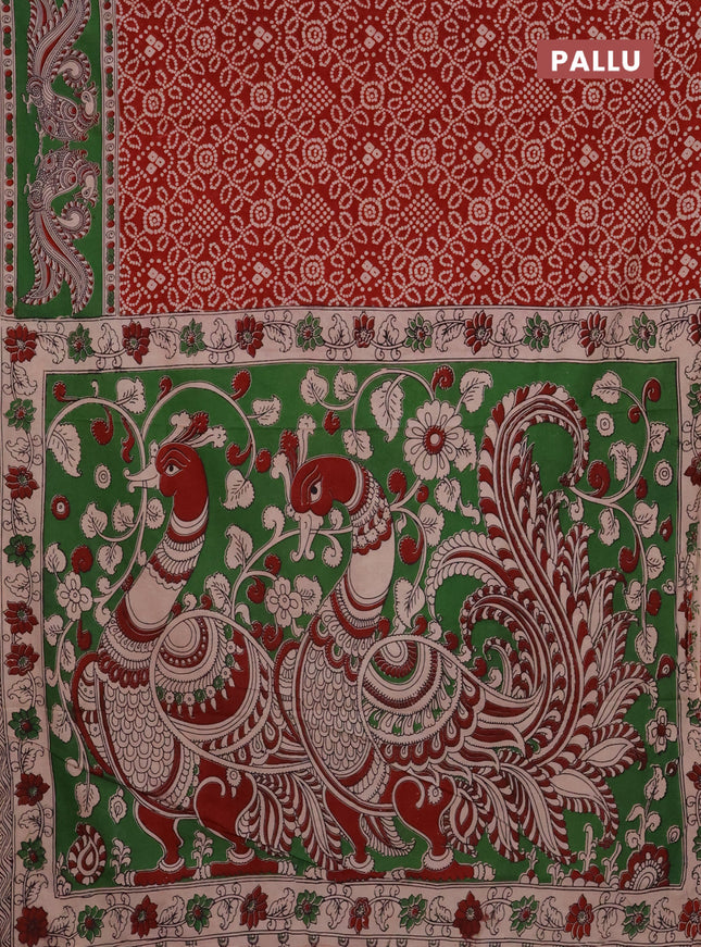Kalamkari cotton saree maroon and green with allover bandhini prints and printed border