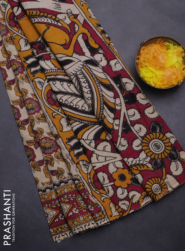 Kalamkari cotton saree beige and dark pink with allover prints and printed border