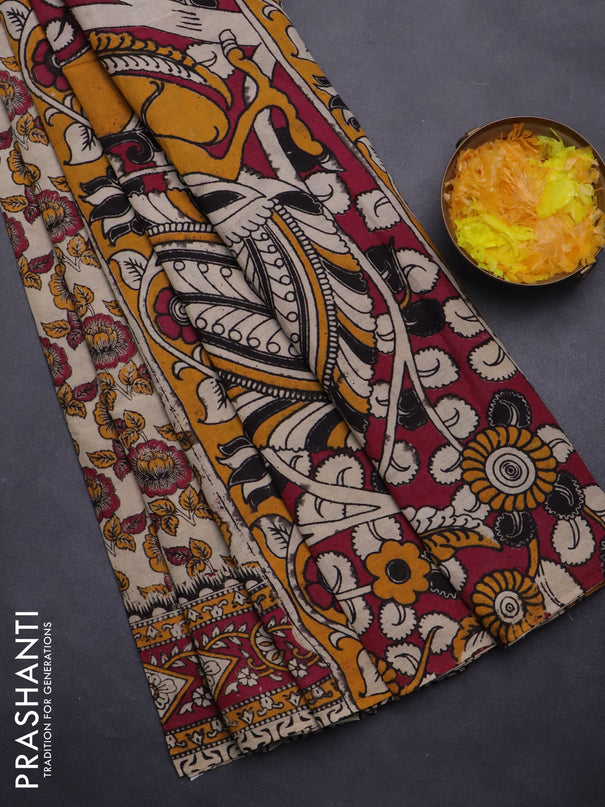 Kalamkari cotton saree beige and dark pink with allover prints and printed border