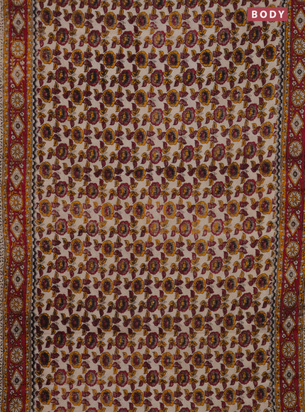 Kalamkari cotton saree beige and dark pink with allover prints and printed border