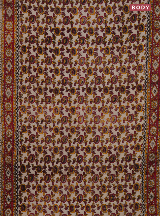 Kalamkari cotton saree beige and dark pink with allover prints and printed border