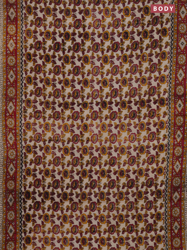 Kalamkari cotton saree beige and dark pink with allover prints and printed border