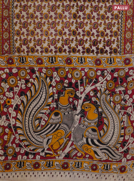 Kalamkari cotton saree beige and dark pink with allover prints and printed border