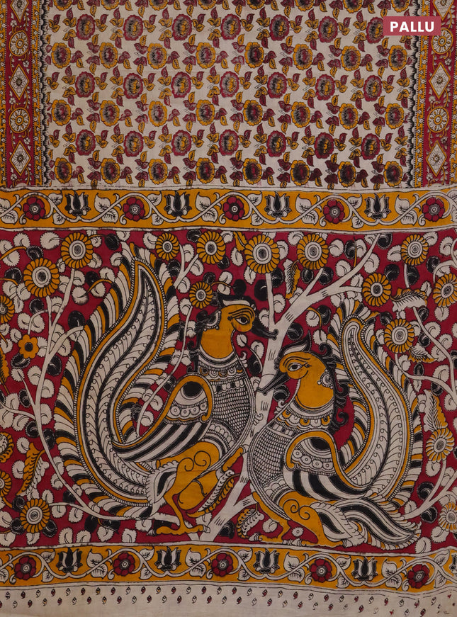 Kalamkari cotton saree beige and dark pink with allover prints and printed border