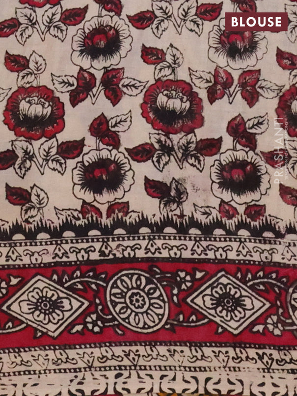 Kalamkari cotton saree beige and dark pink with allover prints and printed border