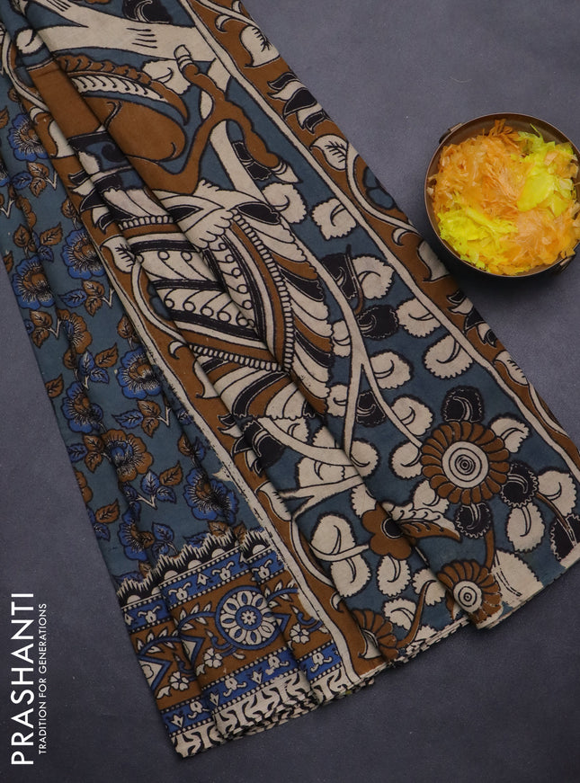 Kalamkari cotton saree pastel bluw and dark mustard with allover prints and printed border