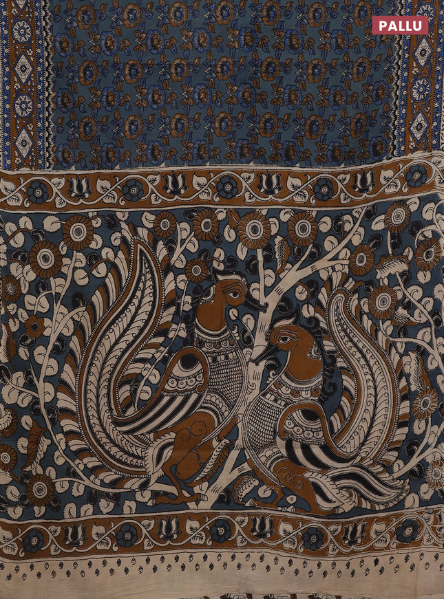 Kalamkari cotton saree pastel bluw and dark mustard with allover prints and printed border