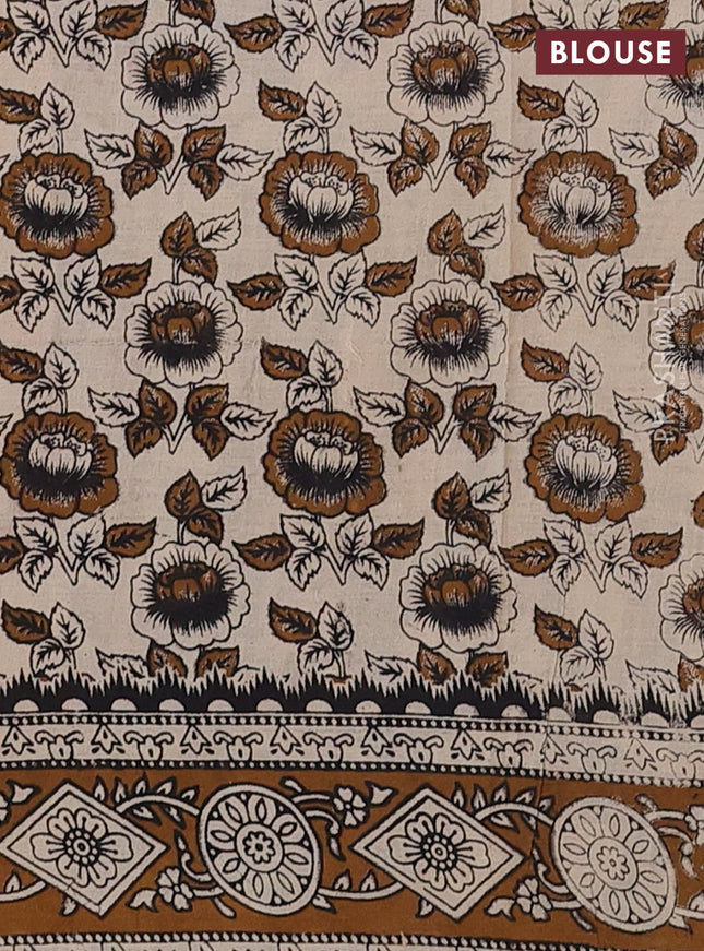 Kalamkari cotton saree pastel bluw and dark mustard with allover prints and printed border