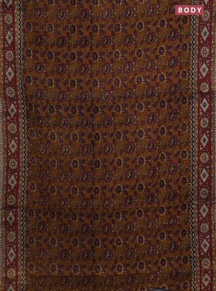 Kalamkari cotton saree dark mustard and dark pink with allover prints and printed border