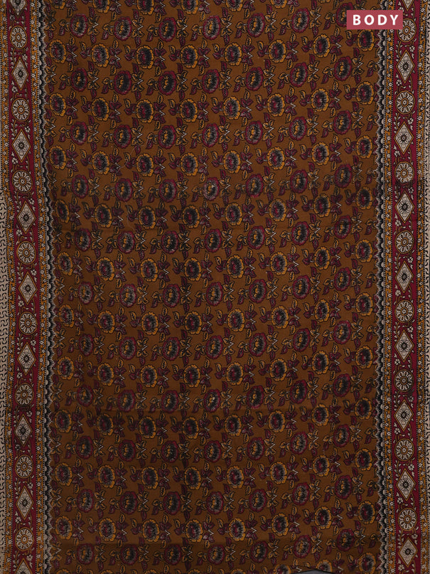 Kalamkari cotton saree dark mustard and dark pink with allover prints and printed border