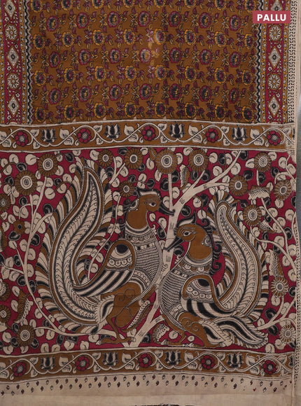Kalamkari cotton saree dark mustard and dark pink with allover prints and printed border
