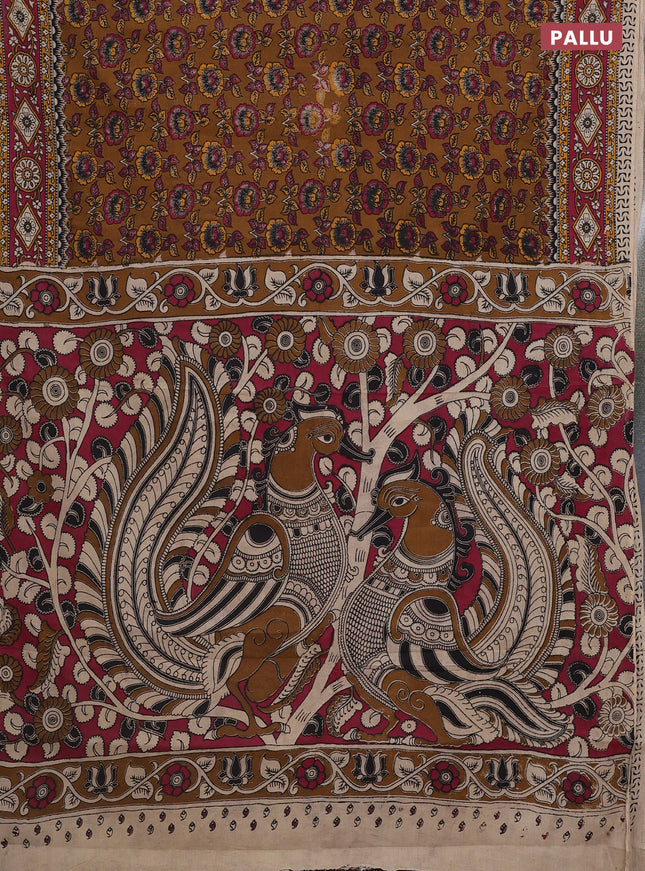 Kalamkari cotton saree dark mustard and dark pink with allover prints and printed border