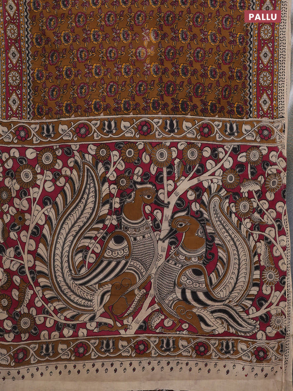 Kalamkari cotton saree dark mustard and dark pink with allover prints and printed border