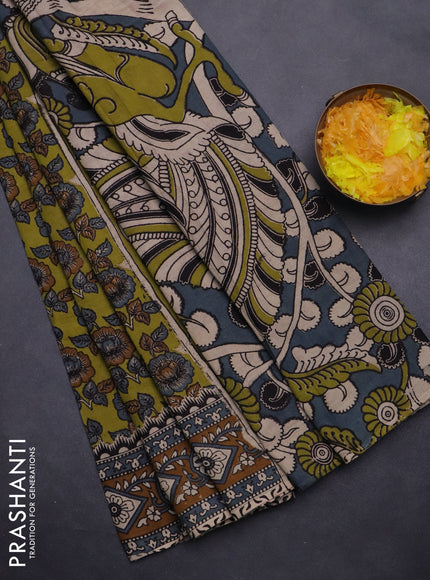 Kalamkari cotton saree mehendi green and brown with allover prints and printed border