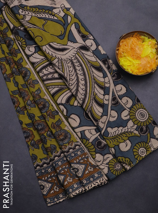 Kalamkari cotton saree mehendi green and brown with allover prints and printed border
