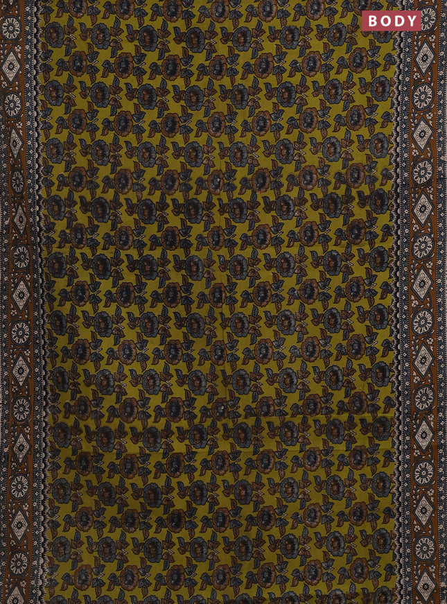 Kalamkari cotton saree mehendi green and brown with allover prints and printed border