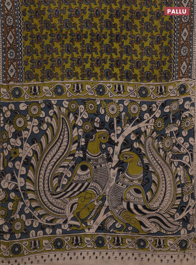 Kalamkari cotton saree mehendi green and brown with allover prints and printed border