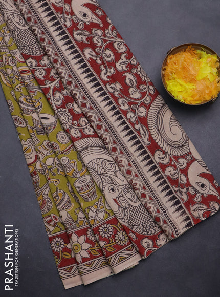Kalamkari cotton saree light green and maroon with allover musical instrument prints and printed border