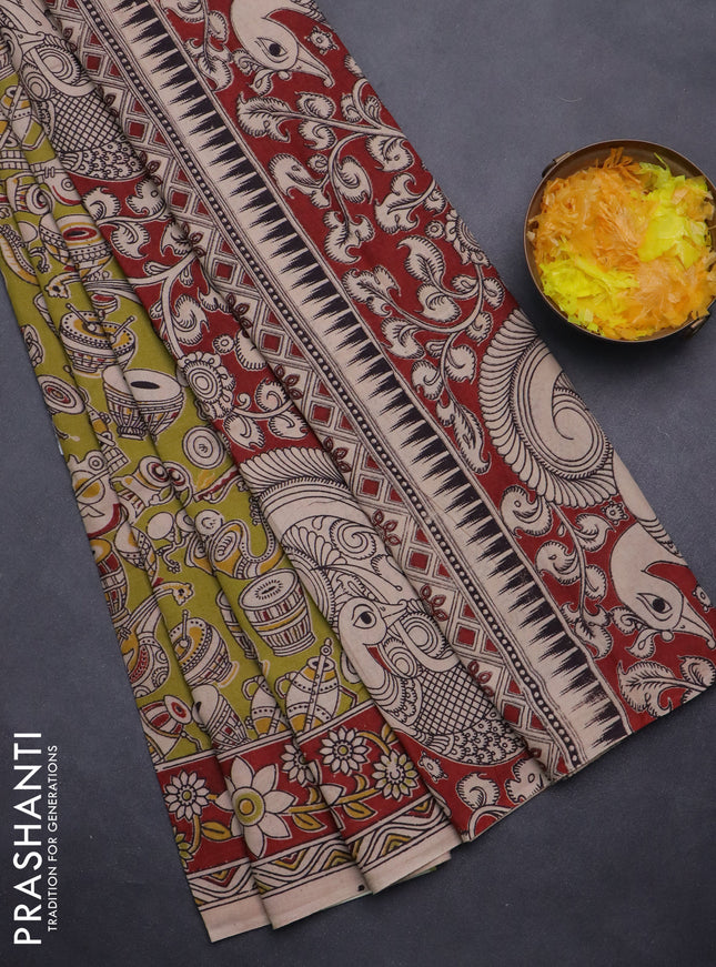Kalamkari cotton saree light green and maroon with allover musical instrument prints and printed border
