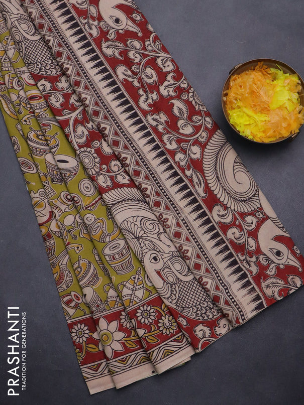 Kalamkari cotton saree light green and maroon with allover musical instrument prints and printed border