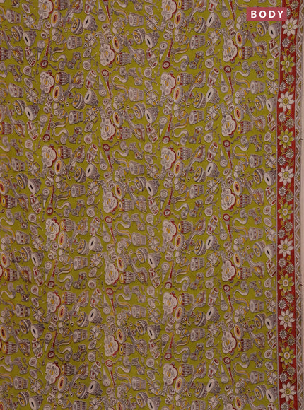 Kalamkari cotton saree light green and maroon with allover musical instrument prints and printed border