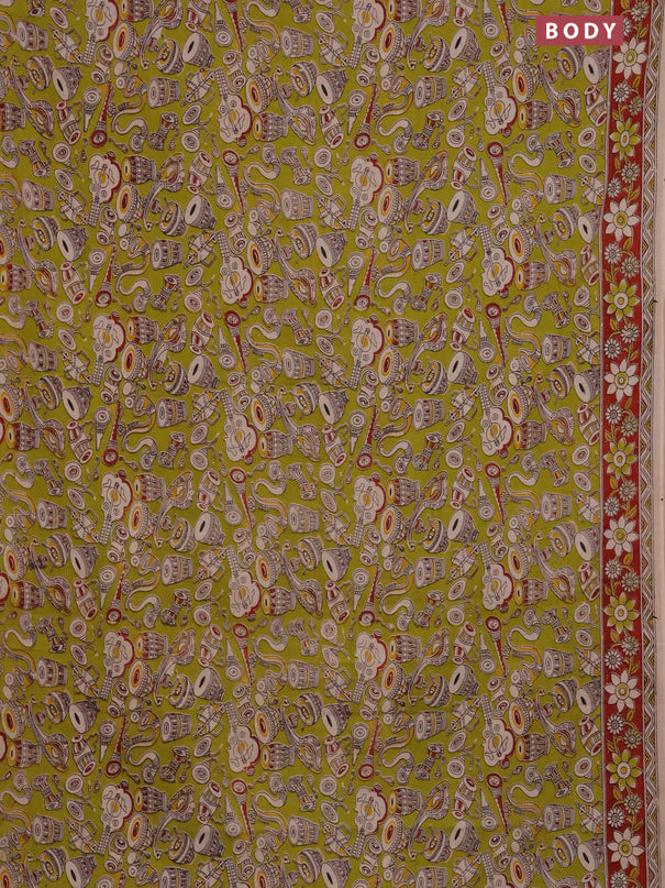 Kalamkari cotton saree light green and maroon with allover musical instrument prints and printed border
