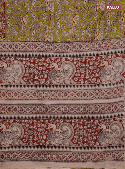 Kalamkari cotton saree light green and maroon with allover musical instrument prints and printed border