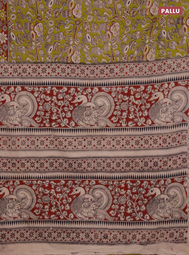 Kalamkari cotton saree light green and maroon with allover musical instrument prints and printed border