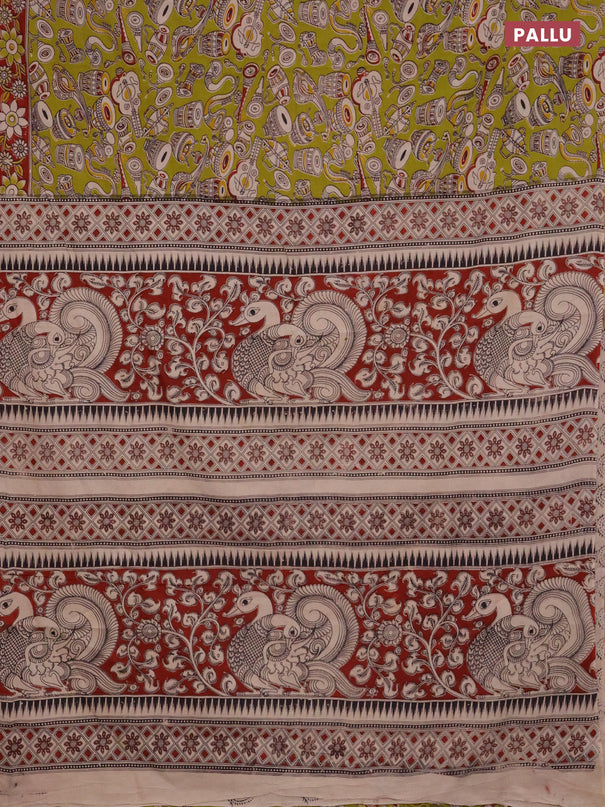 Kalamkari cotton saree light green and maroon with allover musical instrument prints and printed border