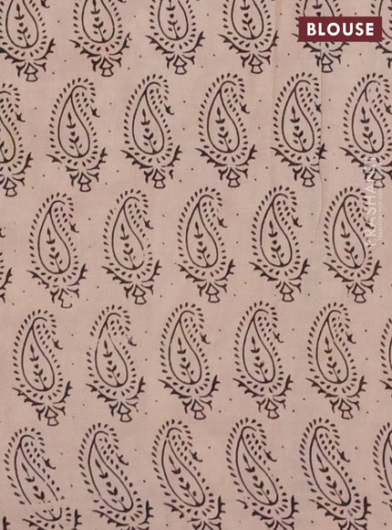 Kalamkari cotton saree light green and maroon with allover musical instrument prints and printed border