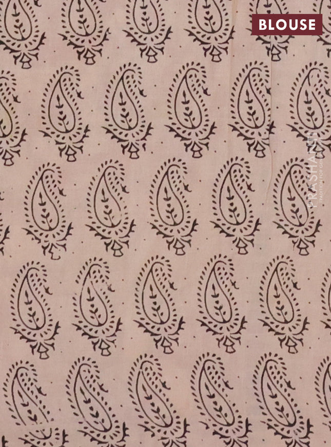 Kalamkari cotton saree light green and maroon with allover musical instrument prints and printed border