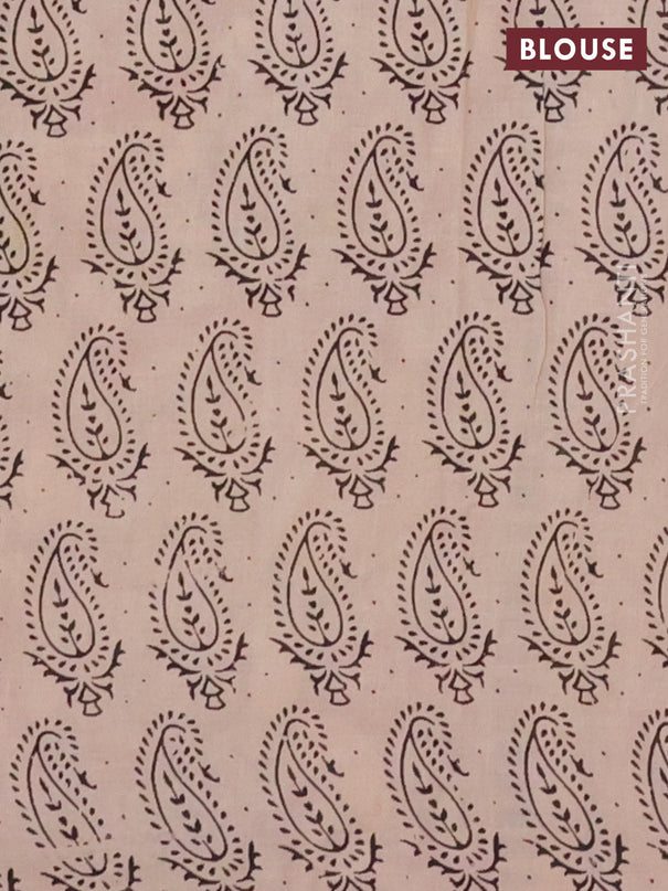 Kalamkari cotton saree light green and maroon with allover musical instrument prints and printed border